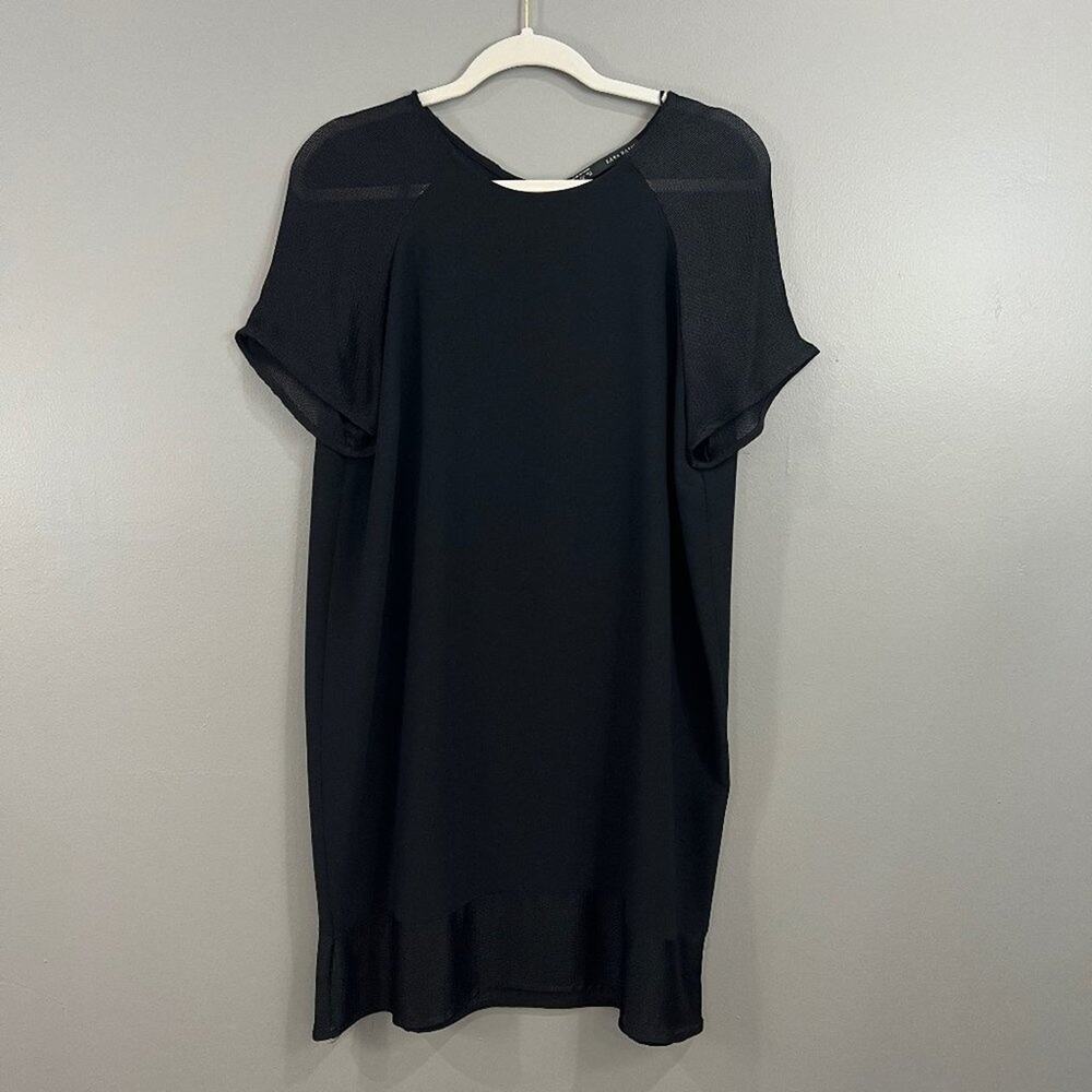 Zara Basic Size XL Black Mesh Sheer Sleeve and Hem Short Sleeve Midi Dress